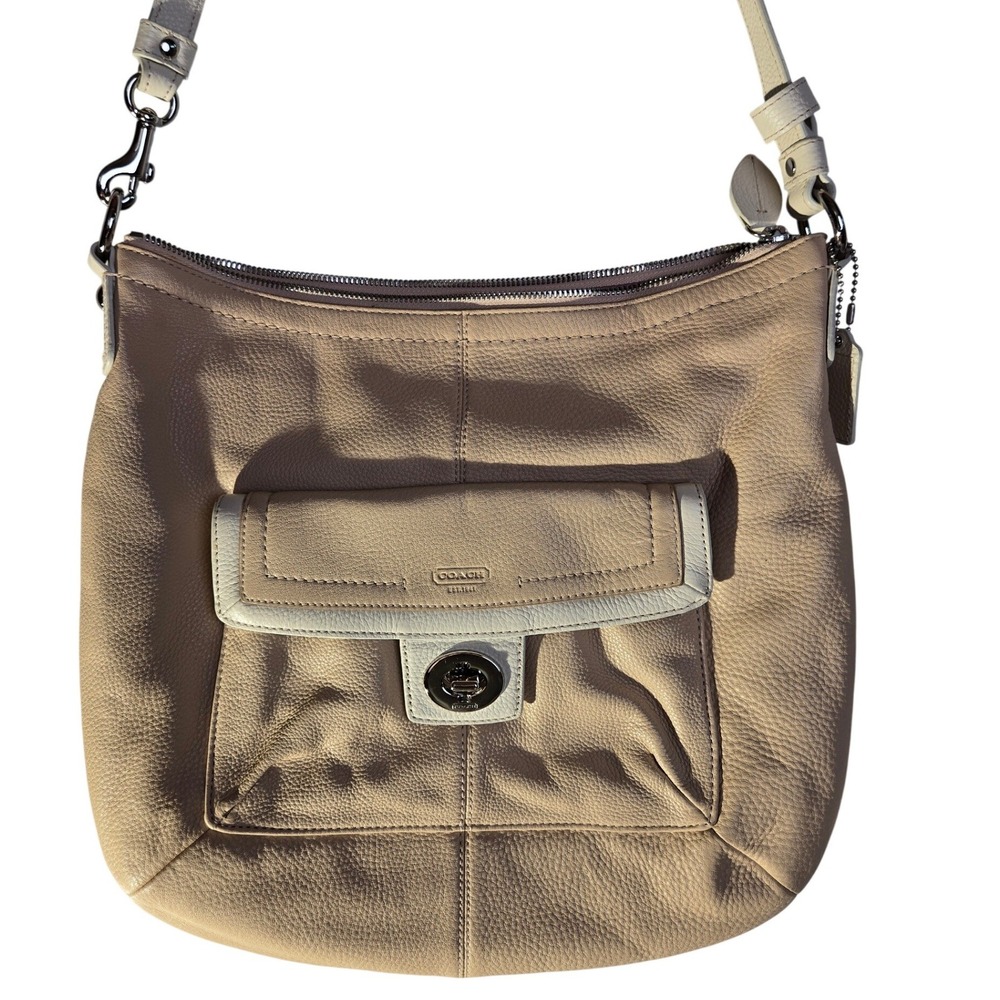 Coach Beige Leather Crossbody Bag Turnlock Pocket Cream Trim Womens